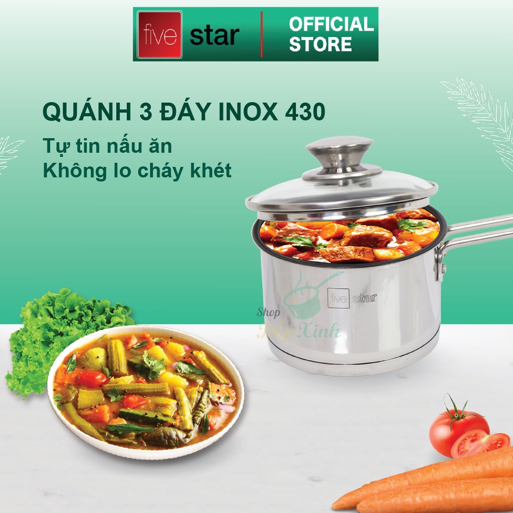 Quánh chống dính nấu cháo bột 3 đáy từ inox 430 Fivestar Standard nắp kính (12cm/14cm)