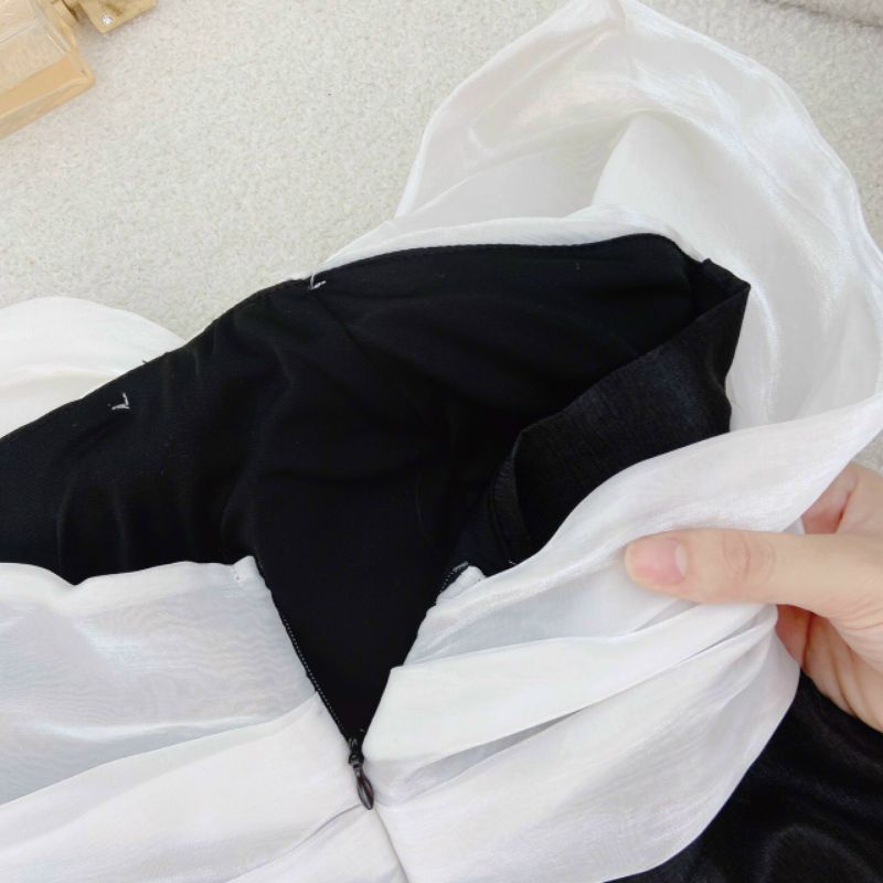 Đầm trể vai phối voan xoắn ngực có lót ngực