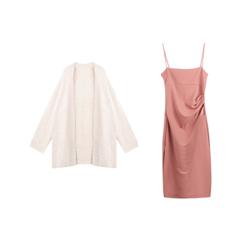Set áo khoác len cardigan không khuy dáng dài+ Váy hai dây màu hồng sang trọng