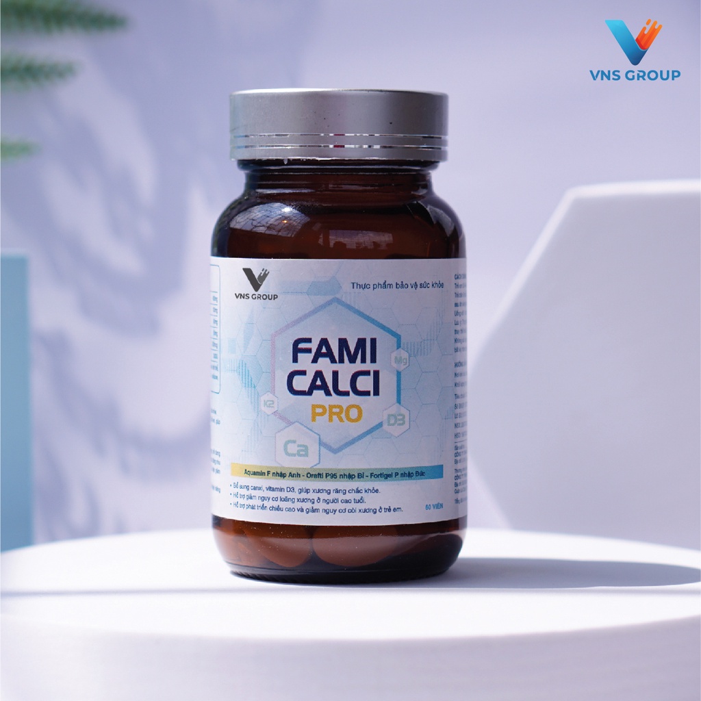 Viên uống Canxi, Vitamin D3 Fami Calci Pro VNS Group hỗ trợ xương khớp, phát triển chiều cao hộp 60 viên