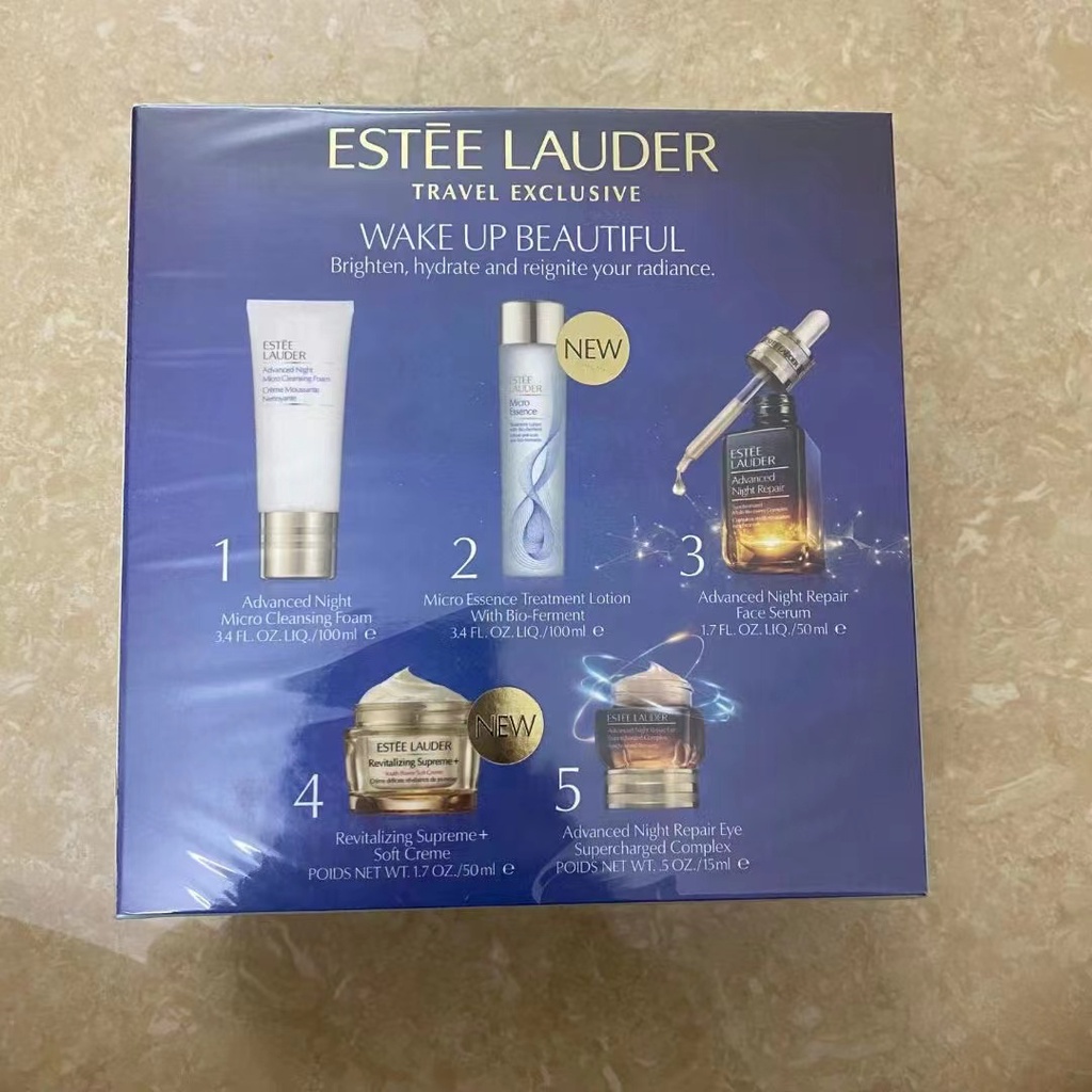 Bộ chăm sóc da năm món Estee Lauder thế hệ thứ 7 dạng chai nhỏ màu nâu đa tác dụng hiệu quả cho da và da vùng mắt