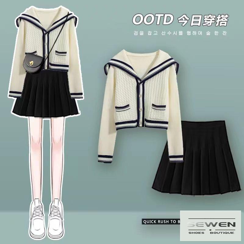 Set Áo Khoác Cardigan Dệt Kim + Quần Lưng Cao Ống Rộng Phong Cách Hàn Quốc Thời Trang Mùa Thu Cho Nữ