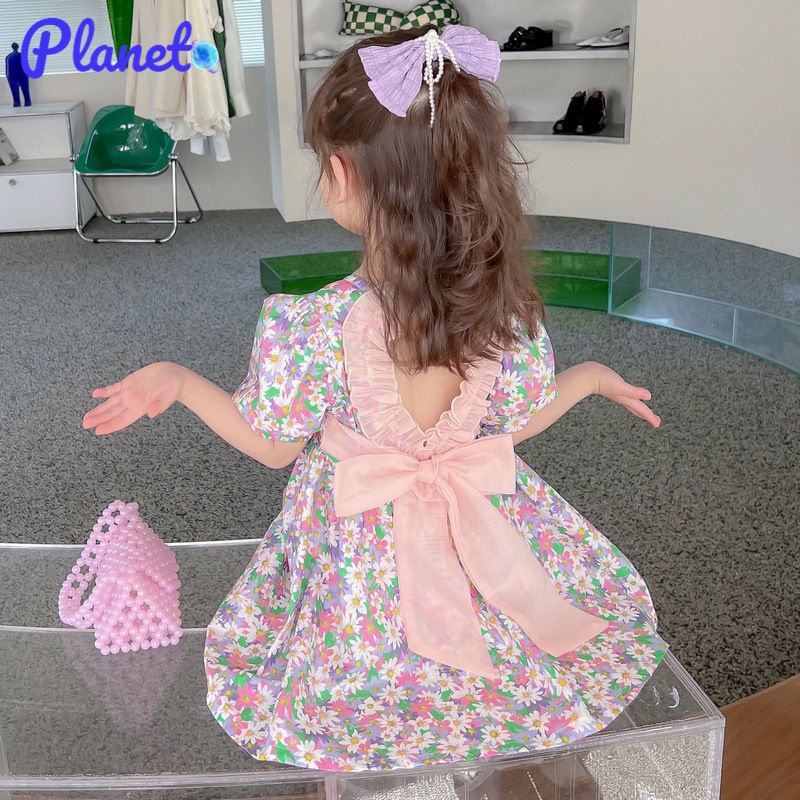Váy thời trang cho bé gái, đầm công chúa, đầm hoa, đầm tay ngắn, tay phồng, hở lưng, họa tiết hoa, phong cách Hàn Quốc, ngọt ngào, trang trí nơ, bông tinh khiết, thoáng khí, thoải mái khi mặc, sarong bông hoa, cô gái tươi tắn, váy thường , phong cách nghỉ