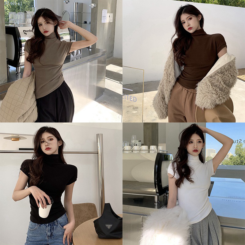 Áo Thun Tay Ngắn Cổ Lọ Màu Sắc Đơn Giản Phong Cách Hàn Quốc