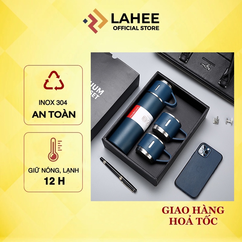 Bình nước giữ nhiệt, Bình giữ nhiệt 500ml Vacuum Flask chất liệu inox 304 cao cấp kèm cốc sang trọng LAHEE BGN2C