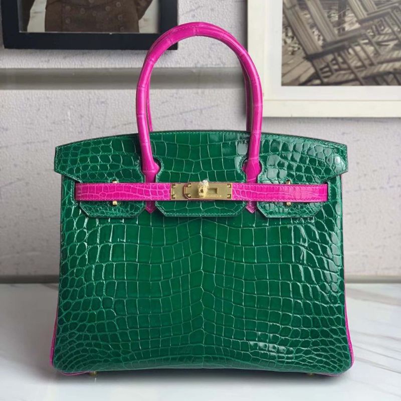 Túi xách Hermes Birkin da cá sấu phối xanh hồng size 30
