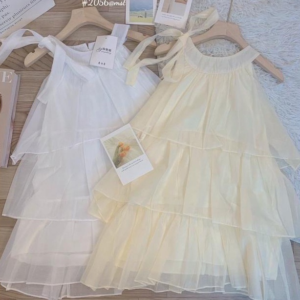 Áo váy voan tơ 3 tầng cổ yếm thắt nơ dáng babydoll xòe tầng sang chảnh VCY3T