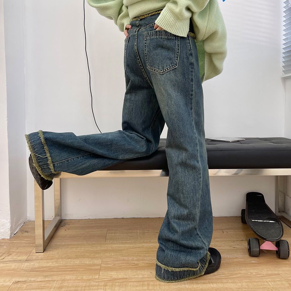 Quần Jean Ống Rộng Sờn Phong Cách Hong Kong Thời Trang Thu Đông Kiểu Mới 2022
