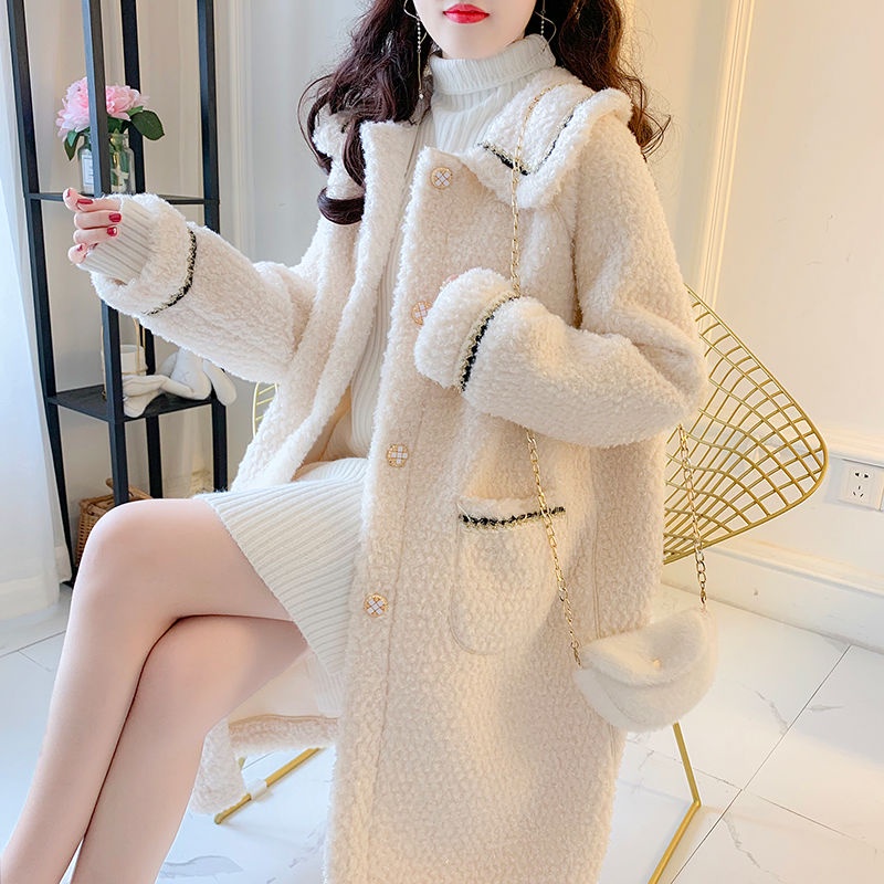 Áo Khoác Len Lông Cừu Dày Dài Vừa Phải Màu Be Phong Cách Hàn Quốc Mới Dễ Phối Đồ