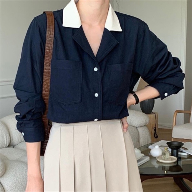 IELGY  Áo Sơ Mi Có Túi Màu Sắc Tương Phản Phong Cách Pháp Cổ Điển Thời Trang Cho Nữ