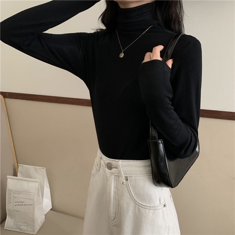 Áo thun COZOK tay dài cổ cao màu trơn dáng ôm thời trang Hàn Quốc