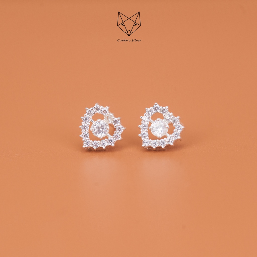 Khuyên Tai Bạc Ta Nữ CaoBac Silver Hình Tim Đá Nhọn Ổ Đá Giữa Lấp Lánh, Thanh Lịch Xinh Xắn Dành Cho Bạn Gái