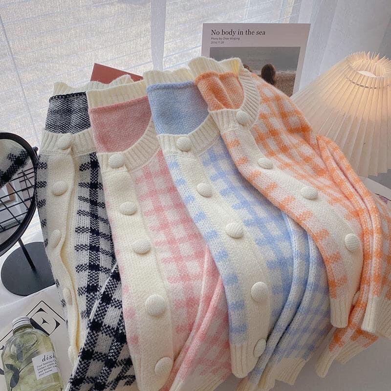 Áo crotop cardigan len kẻ caro ô vuông