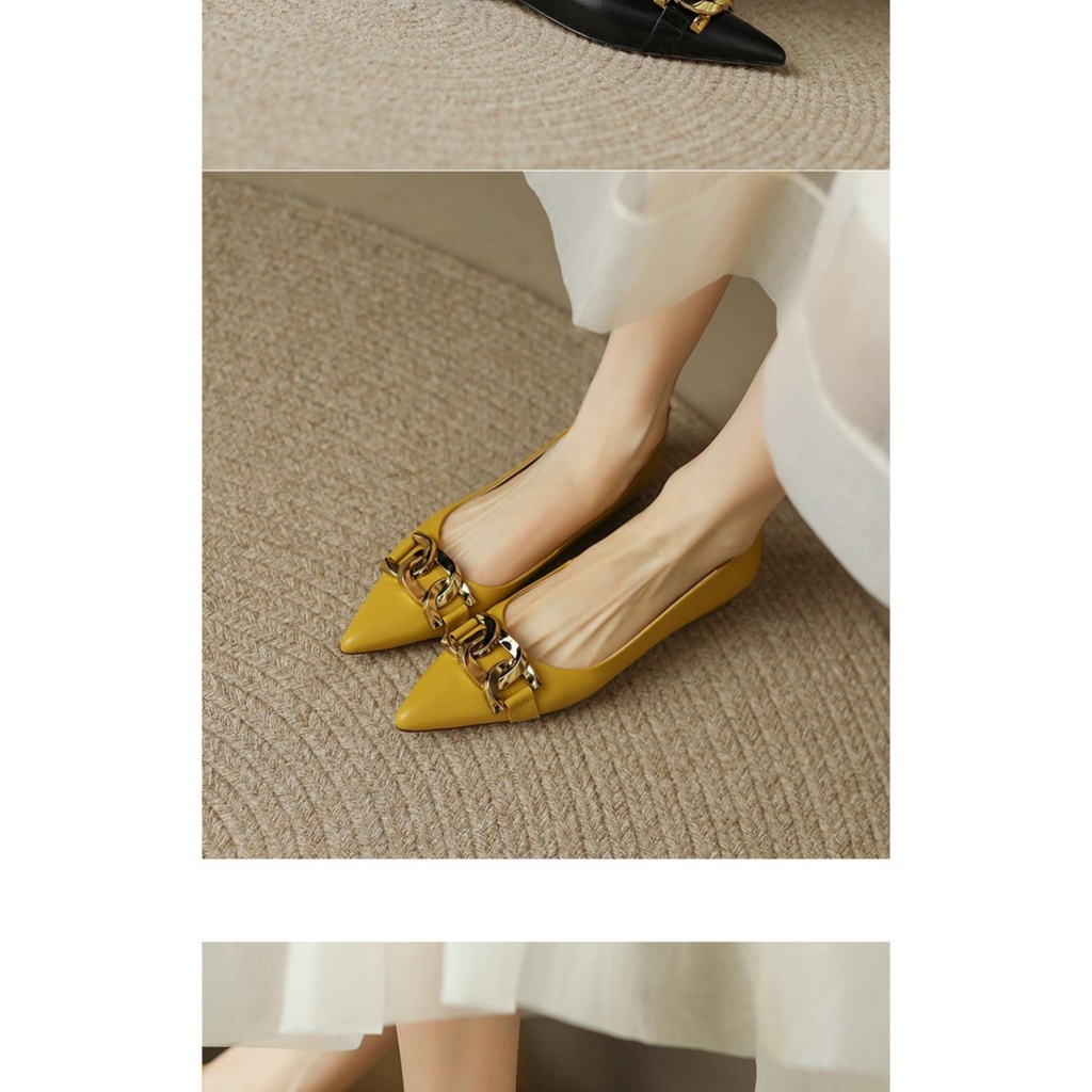 Giày Búp Bê Da Thật Mũi Nhọn Miệng Nông Phối Dây Xích Kim Loại Kiểu Pháp Dễ Phối