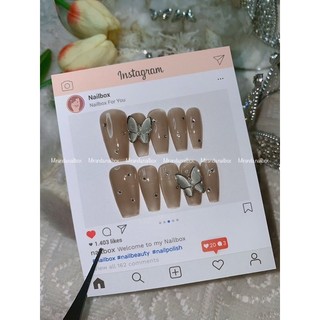 ( Set 6 món ) Móng úp, móng giả, nailbox thiết kế thạch nâu gắn buom