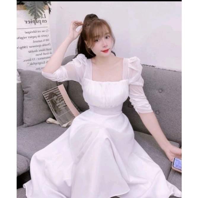 Váy Nữ Cổ Vuông Chun Lưng, Đầm Dự Tiệc Rúm Ngực Màu Trắng