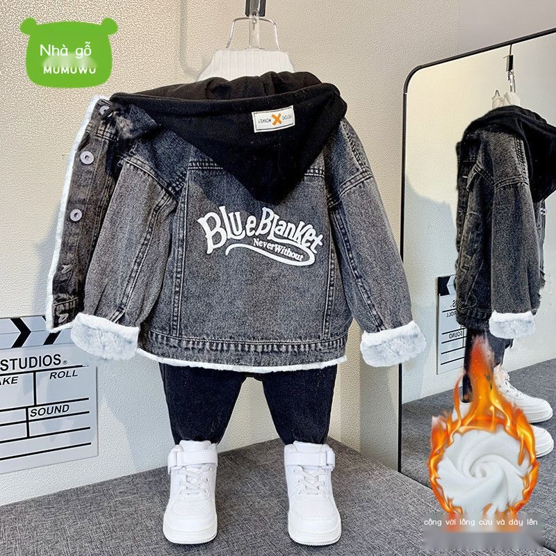 Áo Khoác Denim Lót Lông Cừu Dày Dặn Phong Cách Hàn Quốc Thời Trang Thu Đông Hàng Mới 2022 Dành Cho Bé Trai