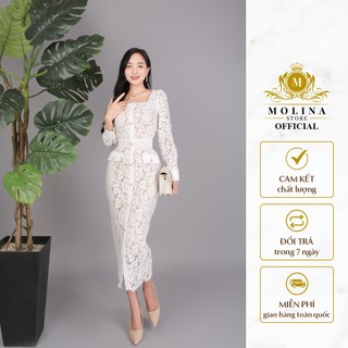 Đầm Ren Body Nút Mạ Vàng Cổ Vuông Thiết Kế Molina Túi Giả Trẻ Trung Thanh Lịch Phù Hợp Đi Tiệc Dạo Phố