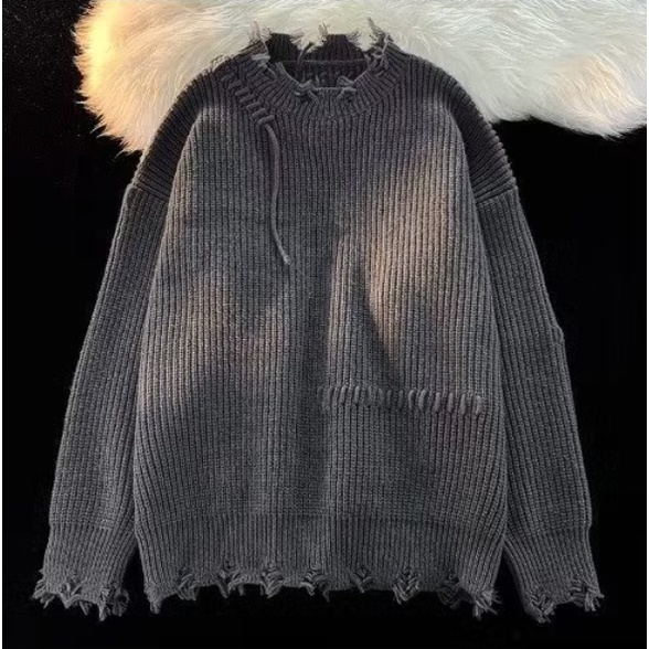 Áo Sweater Cổ Tròn Thiết Kế Xẻ Rách Thời Trang Thu Đông Cho Nam Và Nữ thắt lưng nữ áo len rách dây thừng Áo dệt kim dây thắt lưng