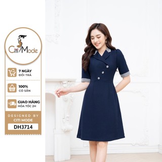 Đầm công sở CITI MODE FASHION thiết kế dáng A xanh cổ vest phối tay kẻ DH3714