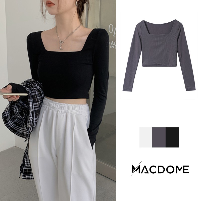 Áo thun croptop nữ MACDOME thiết kế cổ vuông trơn màu phong cách Retro cá tính AG007