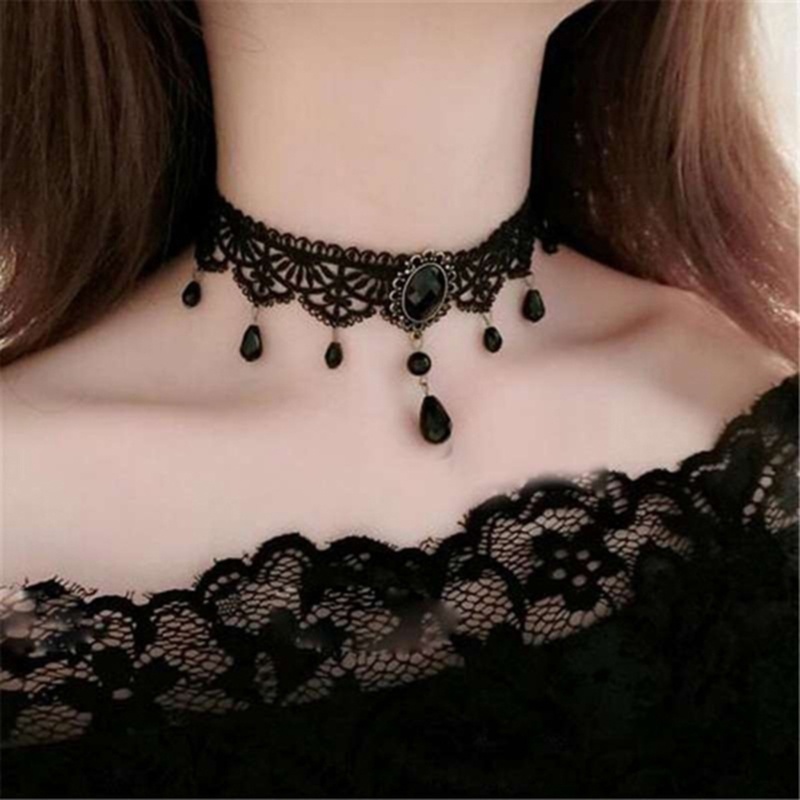 Vòng Cổ Choker Ren Đính Đá Phong Cách Gothic Cổ Điển