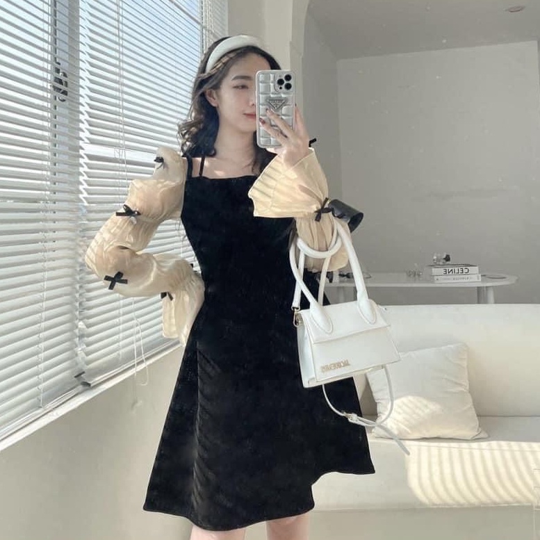 𝙏𝙚𝙩 𝘾𝙤𝙡𝙡𝙚𝙘𝙩𝙞𝙤𝙣/ Đầm nhung tiểu thư chữ A đính nơ phối tay voan phồng