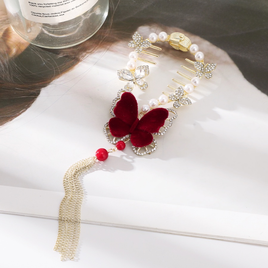 Kẹp Tóc Tua Rua Hình Hoa Bướm Đính Đá &amp; Ngọc Trai Bằng Hợp Kim Phong Cách Hàn Quốc Mới