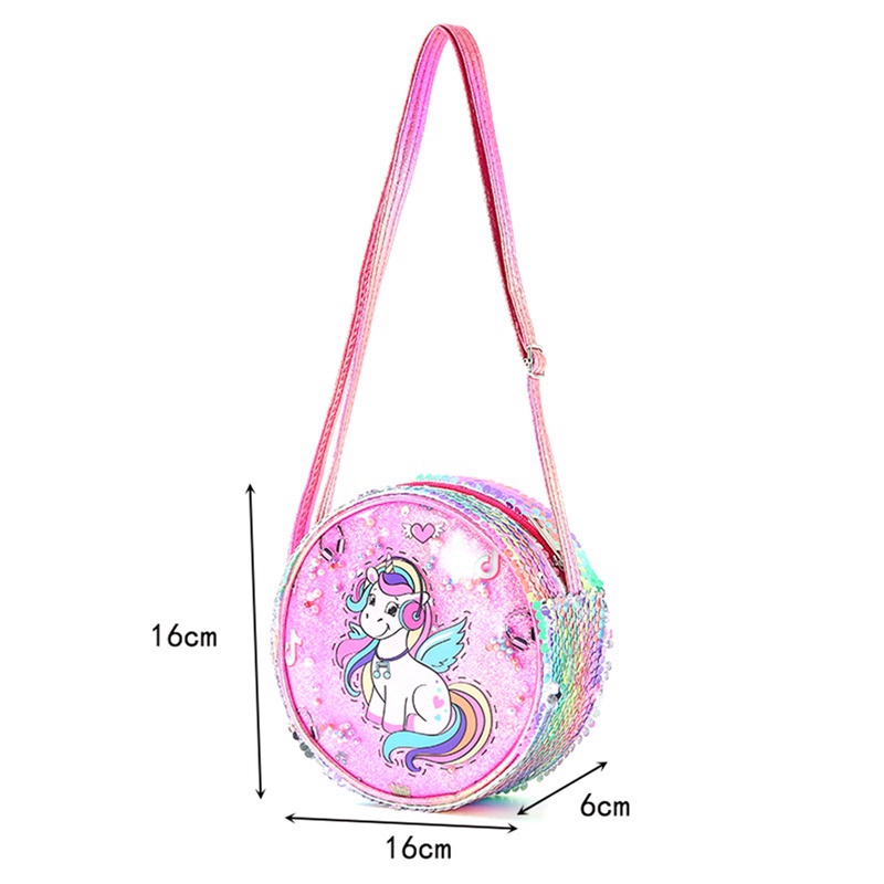 Túi Xách Đeo Vai Hình Tròn Màu Cầu Vồng Họa Tiết Kỳ Lân Lấp Lánh Dễ Thương Cho Bé Gái