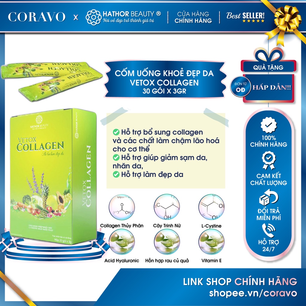 Cốm uống giúp da Khỏe Đẹp - Vetox Collagen Hathor Beauty (Kim Thiên Hoa) 3gr x 20 gói - Coravo