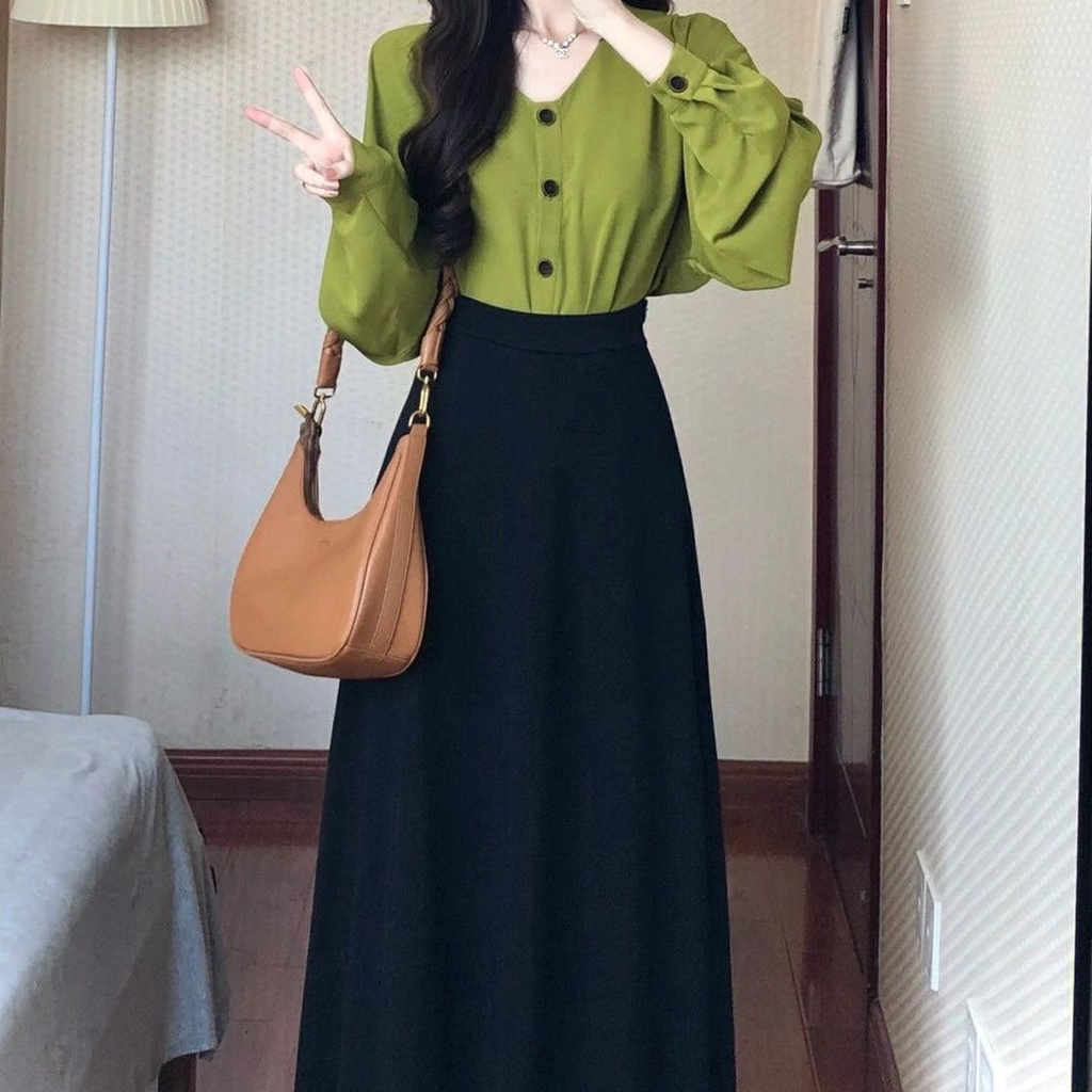 Chân váy nữ Set Áo Sơ Mi Dài Tay Kèm Chân Váy Lưng Cao Phong Cách Pháp Thời Trang Mùa Thu Mới Cho Nữ