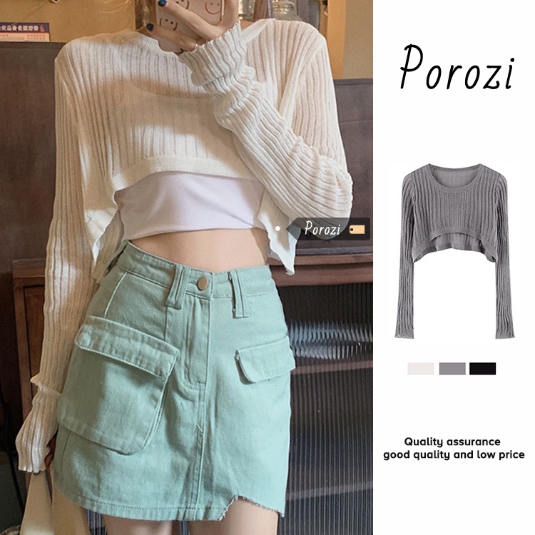 Porozi Áo Croptop Dệt Kim Tay Dài Thời Trang Phong Cách Hàn Quốc Cho Nữ