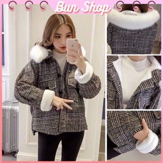 Áo Khoác Dạ -  Áo dạ 2 lớp lót lông cừu toàn thân Mũ lông dày dặn From rộng Chất dạ kẻ caro Quảng Châu xịn sò Bun Shop20