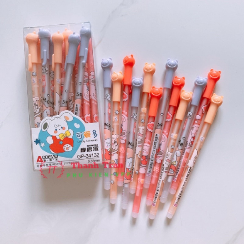 Hộp 12 cây bút gel BÔI XOÁ ĐƯỢC AODEMEI mực xanh/tím hoạ tiết dễ thương