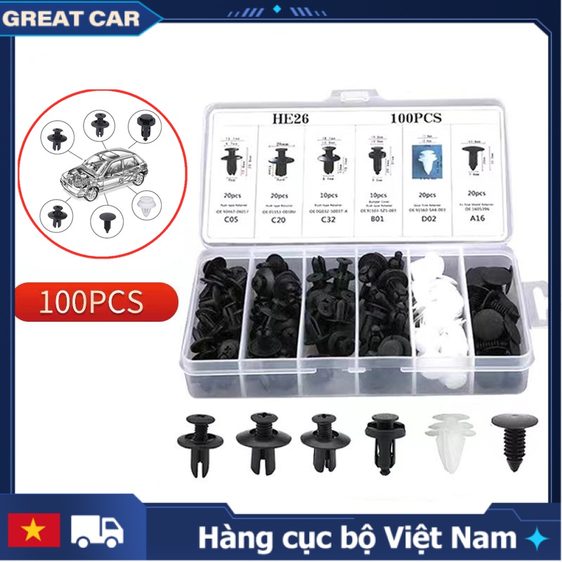 Bộ 100 Chốt Vít Vặn Các Bộ Phận Trên Xe Hơi Chất Liệu Nhựa Kèm Hộp Đựng Greatcar
