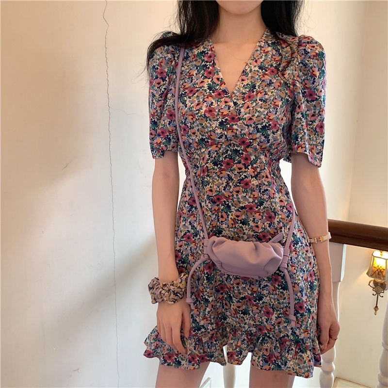 Đầm hoa nhí 2 lớp có dây thu eo, style Retro hàng Quảng châu #QC86