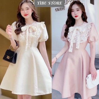 Đầm dáng dài phối ren tay dài tiểu thư tibu đầm nữ phong cách hàn quốc phù hợp đi chơi đi dự tiệc
