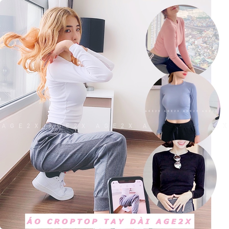Áo croptop tay dài borip len tăm, co giãn, dầy dặn, thoáng khí, chính hãng AGE2X, hàng VNXK