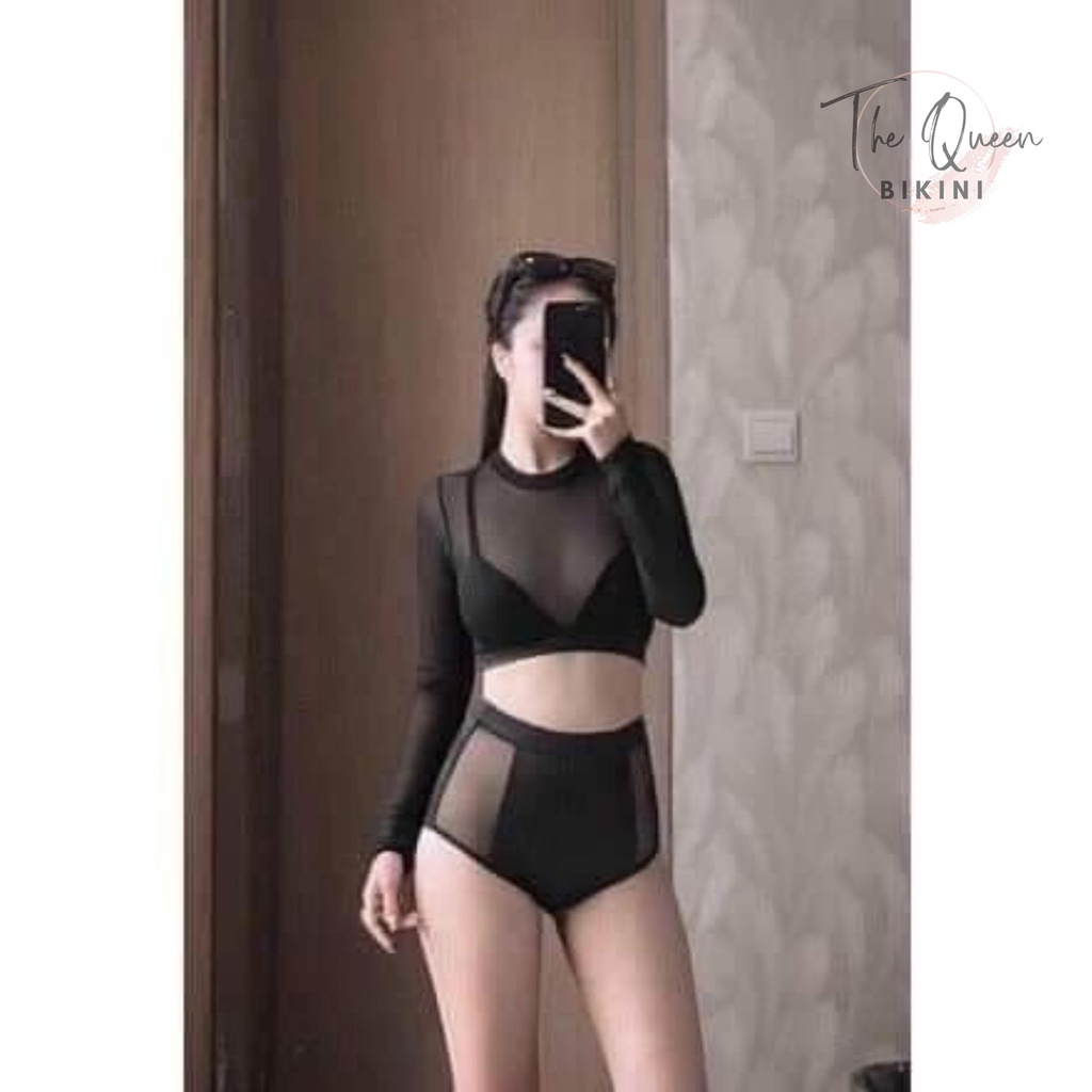 Bikini đồ bơi đi biển hai mảnh kín đáo dài tay phối lưới - The Queen Bikini 027 | BigBuy360 - bigbuy360.vn