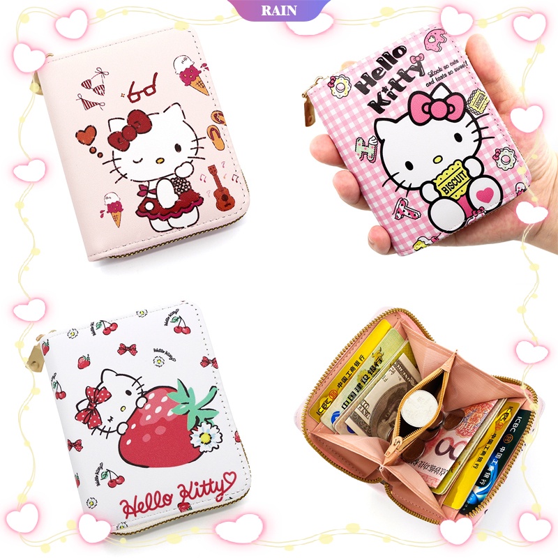 Ví Ngắn Đựng Thẻ / Tiền Xu Nhiều Ngăn Sức Chứa Lớn In Họa Tiết Hoạt Hình Sanrio Hello Kitty Dễ Thương Có Khóa Kéo Cho Nữ