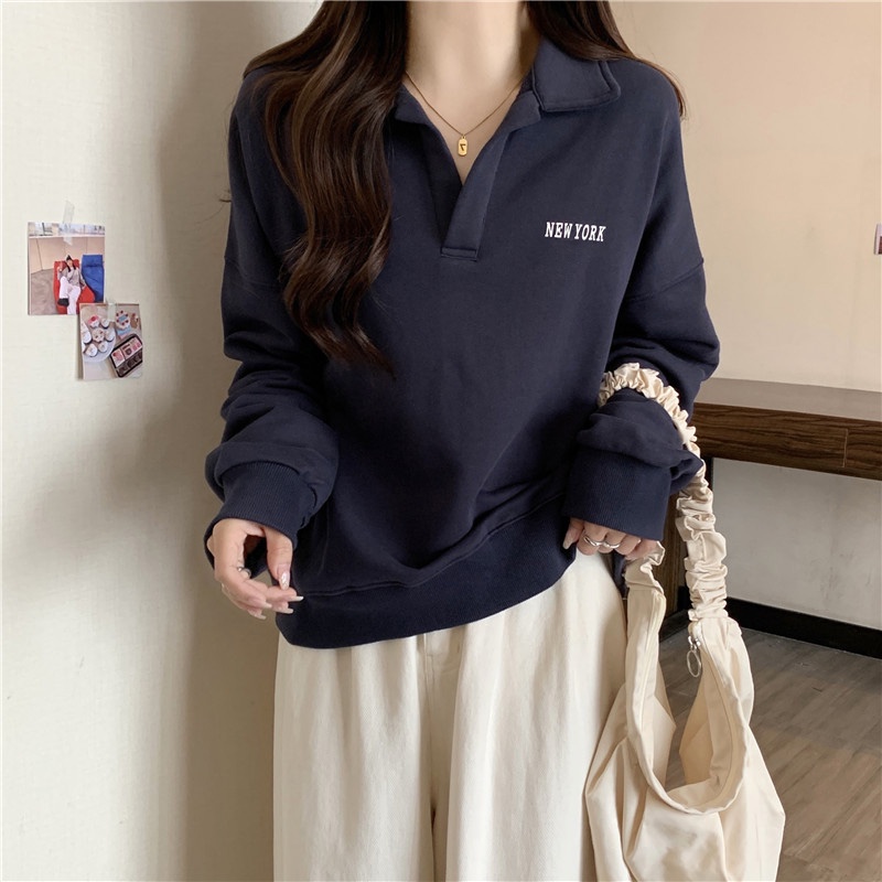 Áo sweatshirt SUXI tay dài cổ bẻ phong cách Hàn Quốc thời trang dành cho nữ
