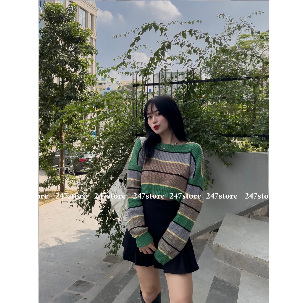 Áo len kẻ xanh croptop mã Aolenkengang1256