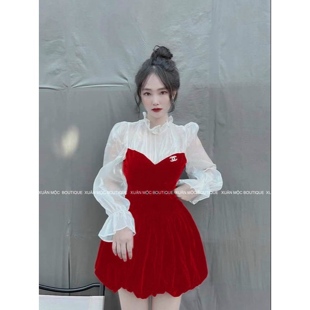 Đầm nhung cứng đẹp như hình dáng bí - Váy sơ mi tay phồng cổ bèo phong cách quý tộc đi tiệc, đi đam cưới dễ thương