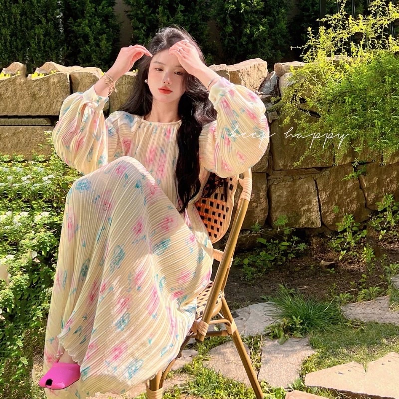 Đầm dập ly hoa dài tay