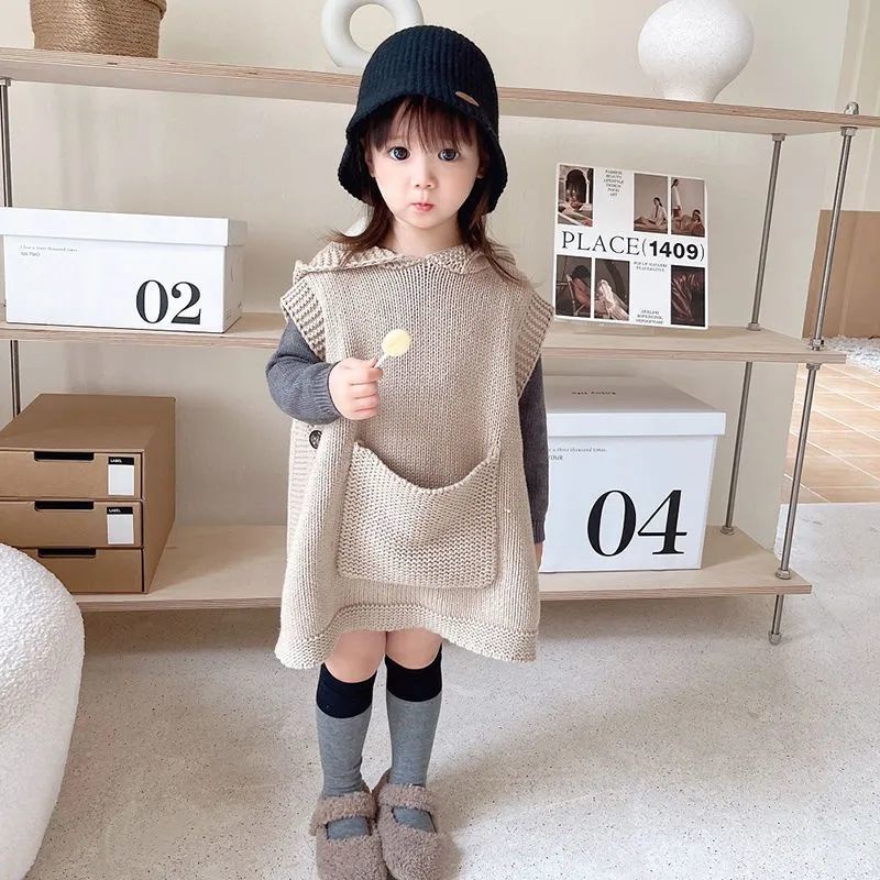 Áo Khoác Cardigan Len & Áo Len Không Tay Có Túi Lớn Phong Cách Mới Dành Cho Bé Gái