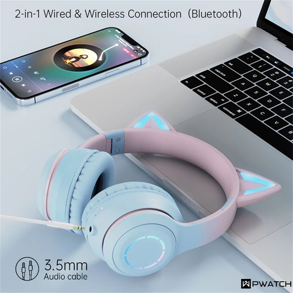 Tai Nghe Tai Mèo Tai Nghe Không Dây Bluetooth Phiên Bản 5.1 Gradient Đầu-Mặc Mp3 Hỗ Trợ Chức Năng Nghe Nhạc Stereo Chơi Tai Nghe Có Thể Tháo Rời mic 【Pwatch】