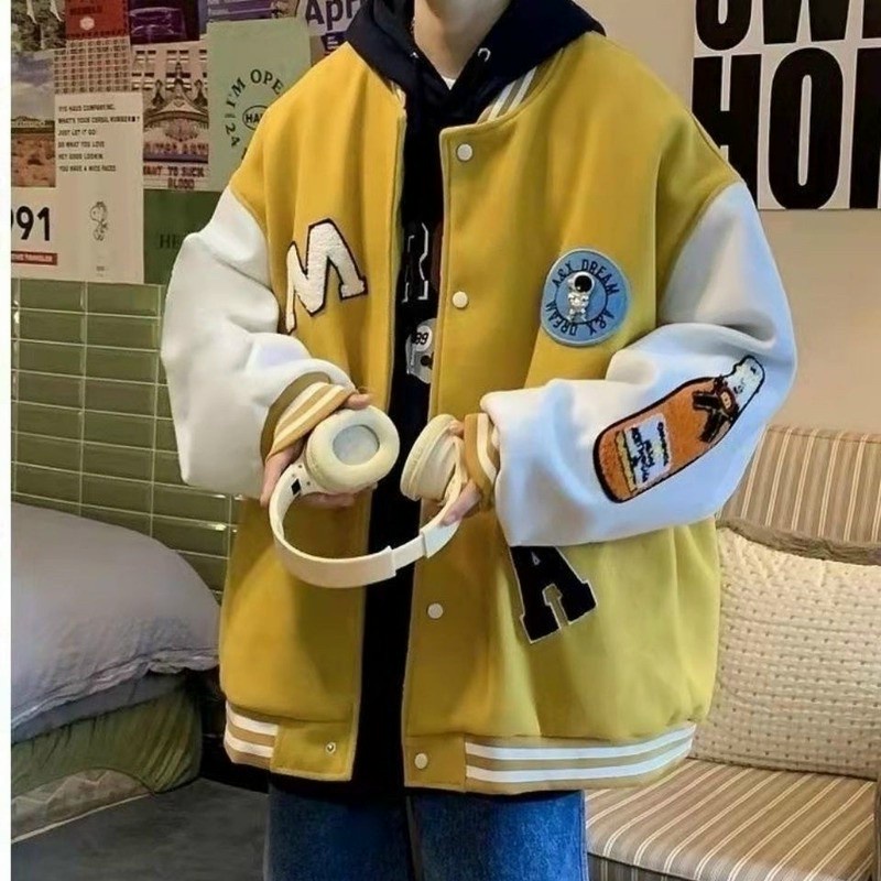 (Miễn Phí Ship) Aó khoát nam tay dài phối thêu chữ,áo bomber nút bấm có túi thời trang