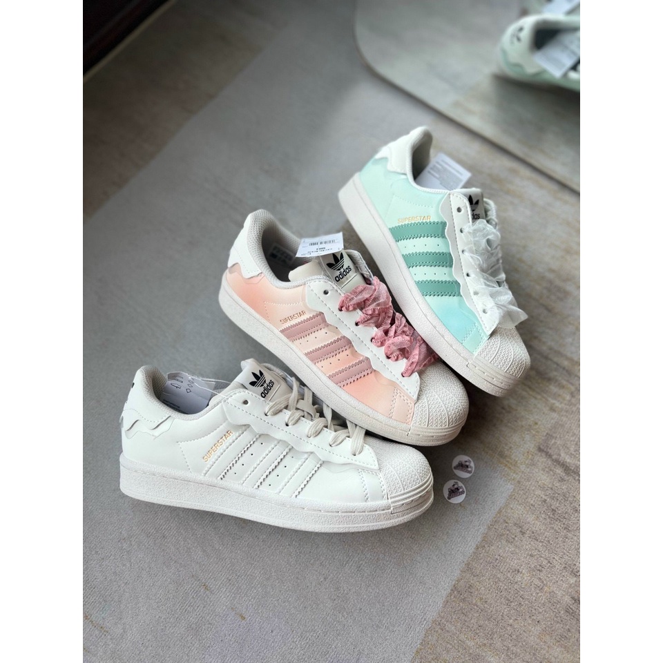 Giày thể thao nữ mẫu mới 2022 Adidas Superstar hồng, adidas sò xanh, das sò trắng 3 sọc dành cho nữ full box bill