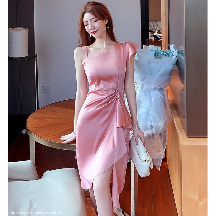 (Có size) Đầm Lụa thiết kế tà xéo chéo vai đi tiệc cực sang cho bạn nữ - hàng có size lớn