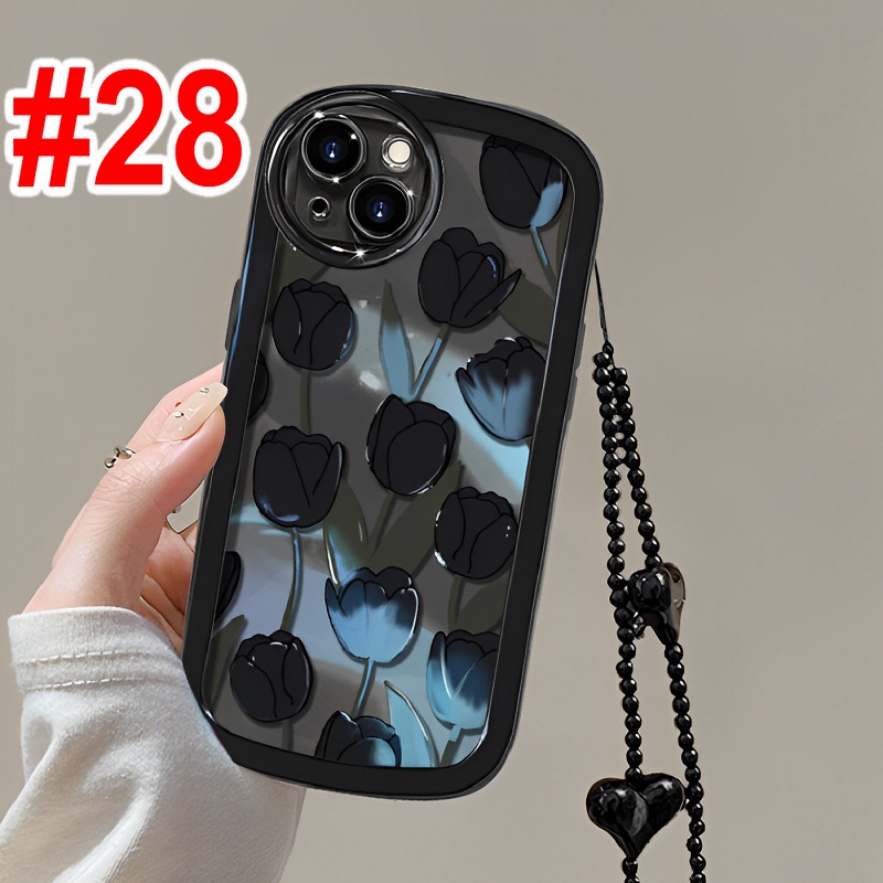 OPPO A78 A77S A57 2022 4G A16K A16E A16S A74 A95 A54 A52 A72 A92 A15 A15S A53 A33 2020 A16 A93 A95 A94 5G A9 A5 A7 A5S A12 A3S F11 Pro F9 Black Tulip Flowers Oval Airbag Shockproof Clear Soft Phone Case With Love Lanyard Back Cover DYJ 27